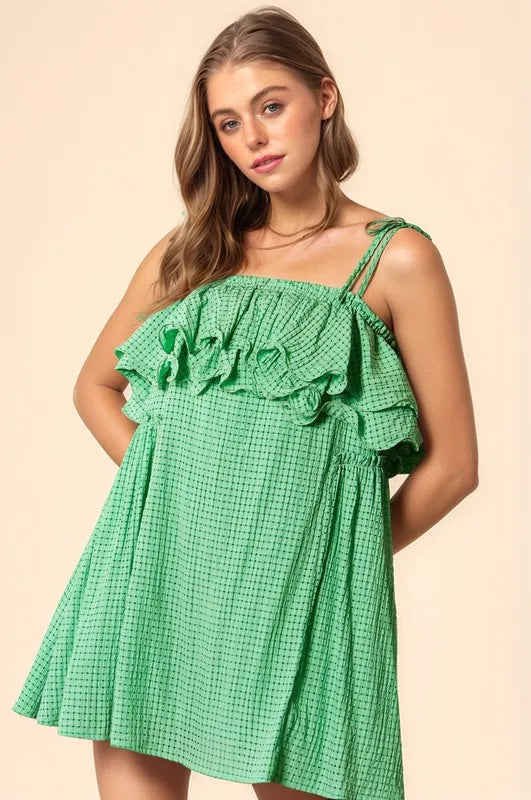 Image of Davi & Dani Textured Jacquard Checker Fabric Ruffled Dress | Queeble.shop