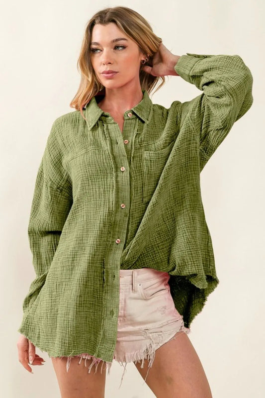 Image of BiBi Raw Edge Detailed Mineral Washed Loose Fit Shirt | Queeble.shop