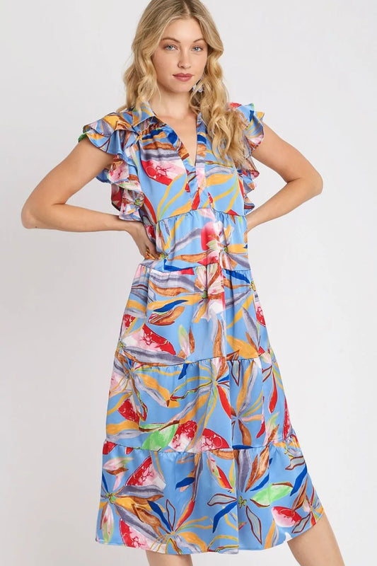 Image of Umgee Full Size Leaf Print Double Layered Ruffle Sleeve Tiered Midi Dress Plus Size | Queeble.shop