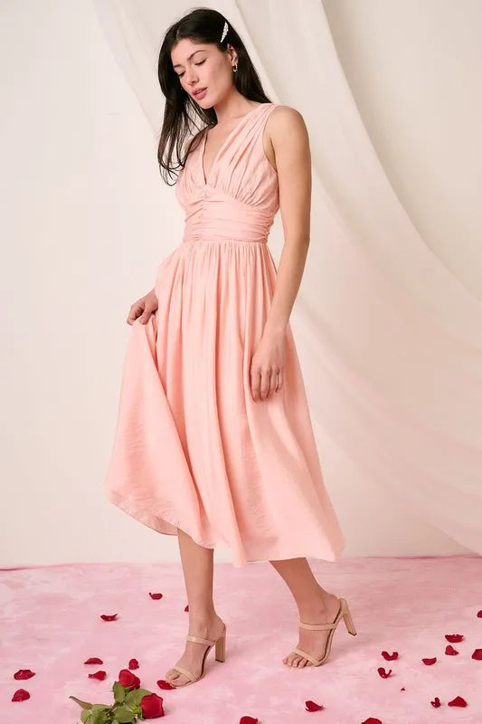 Image of Mittoshop Ruched V-Neck Sleeveless Midi Dress | Queeble.shop