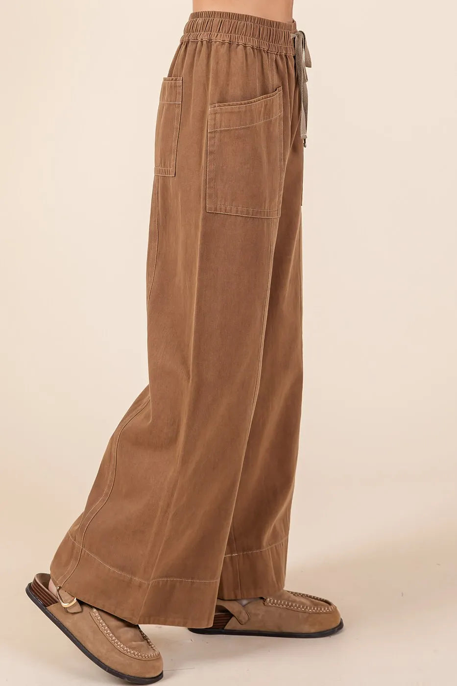 Image of Mittoshop Mineral Wash Wide Leg Elastic Waist Twill Pants | Queeble.shop