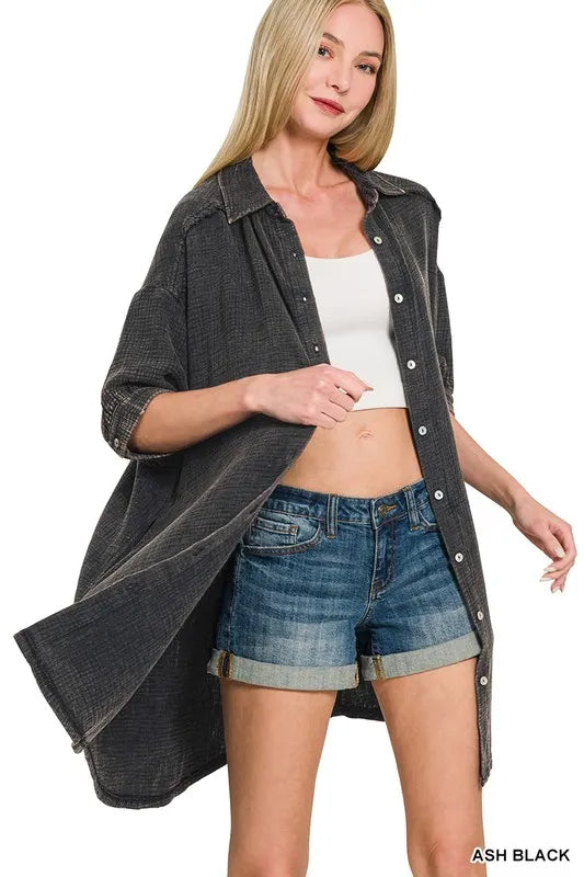 Image of Zenana Washed Double Gauze Button Down Shirt Dress | Queeble.shop