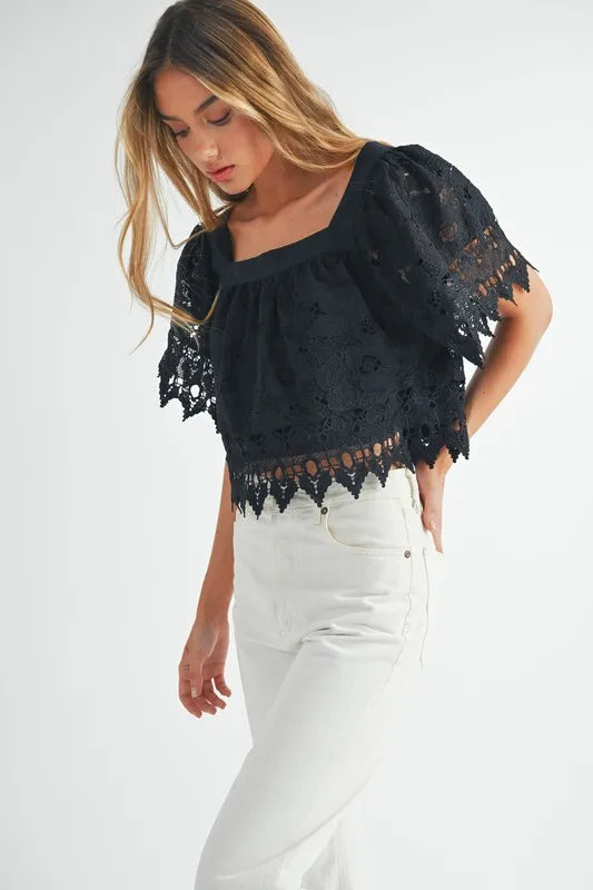 Image of MABLE Square Neck Crochet Lace Top With Double Bow Tie | Queeble.shop