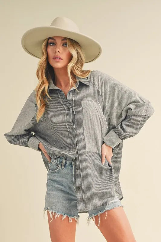 Image of Aemi + Co Striped Collared Neck Lantern Sleeve Shirt | Queeble.shop