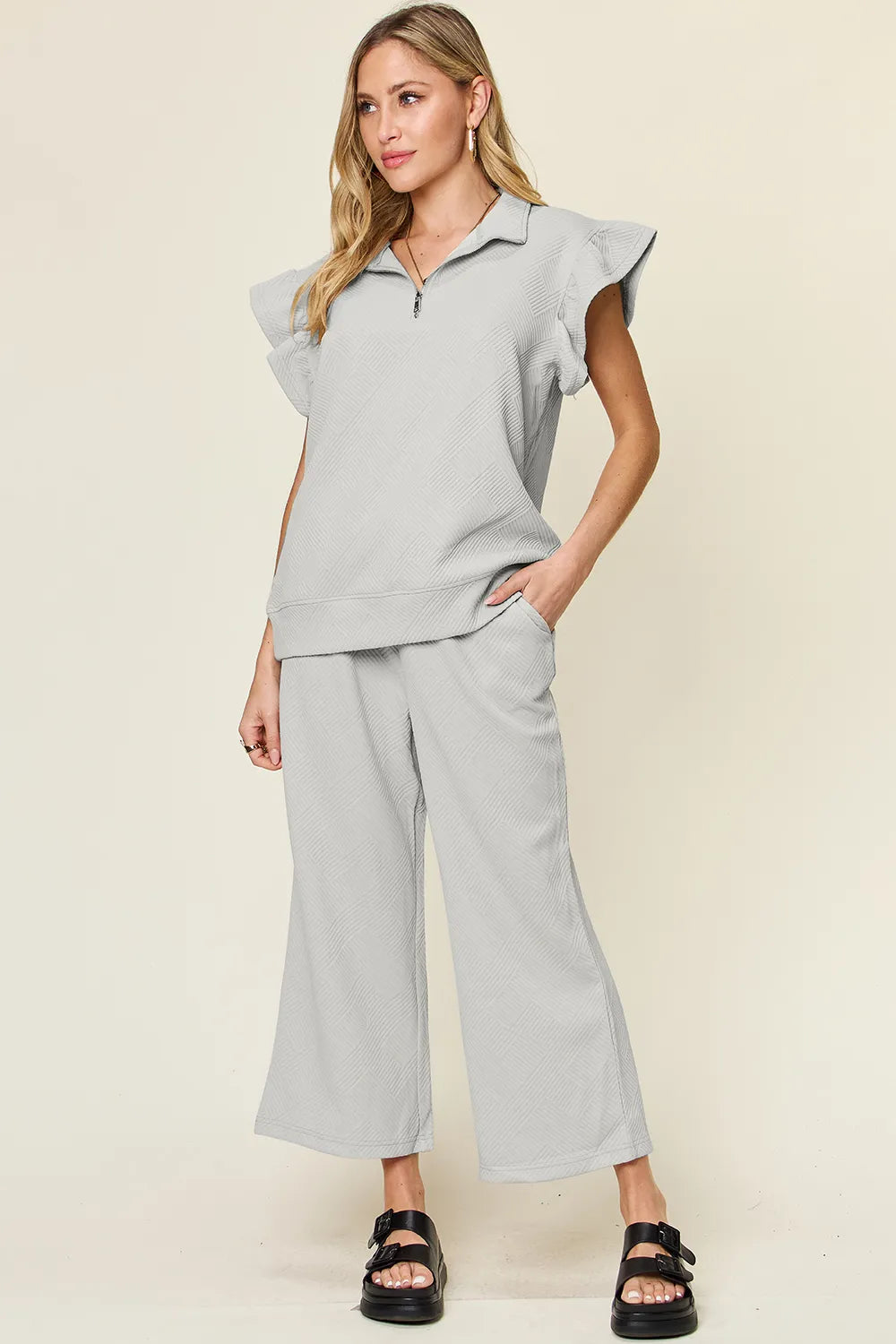 Image of Double Take Texture Ruffle Short Sleeve Top and Drawstring Wide Leg Pants Set | Queeble.shop
