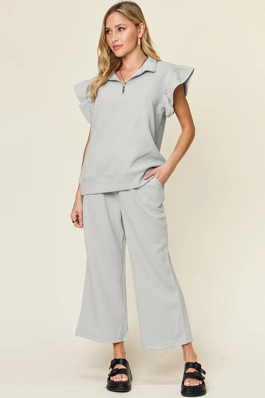 Image of Double Take Texture Ruffle Short Sleeve Top and Drawstring Wide Leg Pants Set | Queeble.shop
