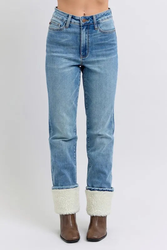 Image of Judy Blue Full Size High Waist Shearling Cuff Straight Plus Size | Queeble.shop