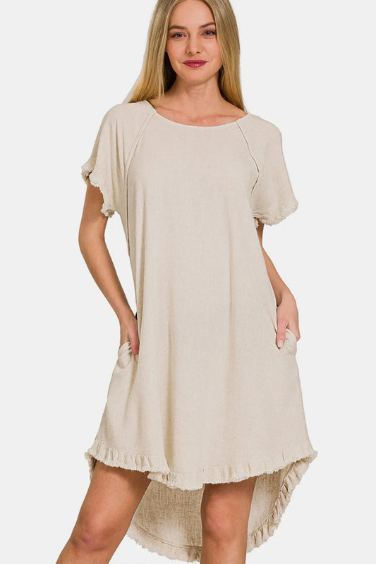 Image of Zenana Fringe Edge High Low Flowy Dress with Pockets | Queeble.shop