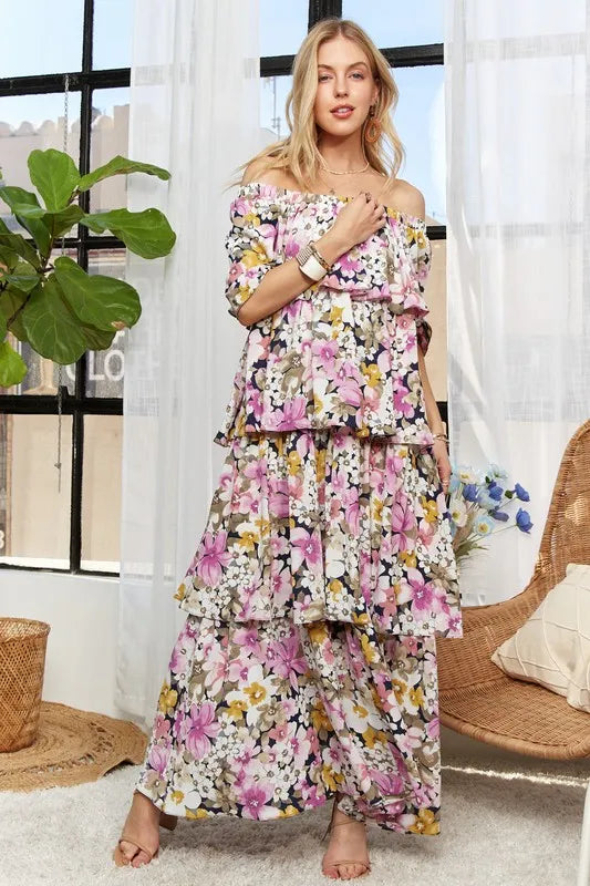 Image of ADORA Layered Floral Off-Shoulder Short Sleeve Maxi Dress | Queeble.shop
