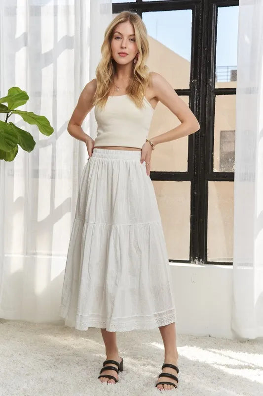 Image of ADORA Elastic Waistband Tiered Midi Skirt | Queeble.shop