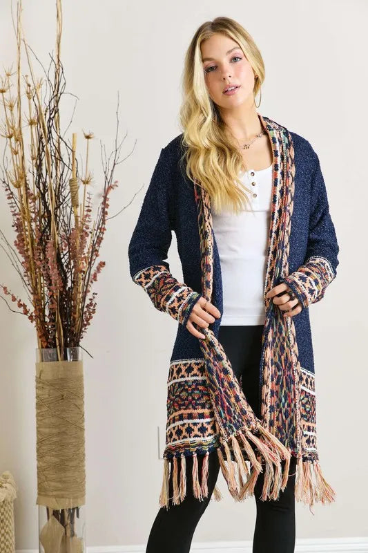 Image of ADORA Full Size Fringe Hem Aztec Border Cardigan Plus Size | Queeble.shop