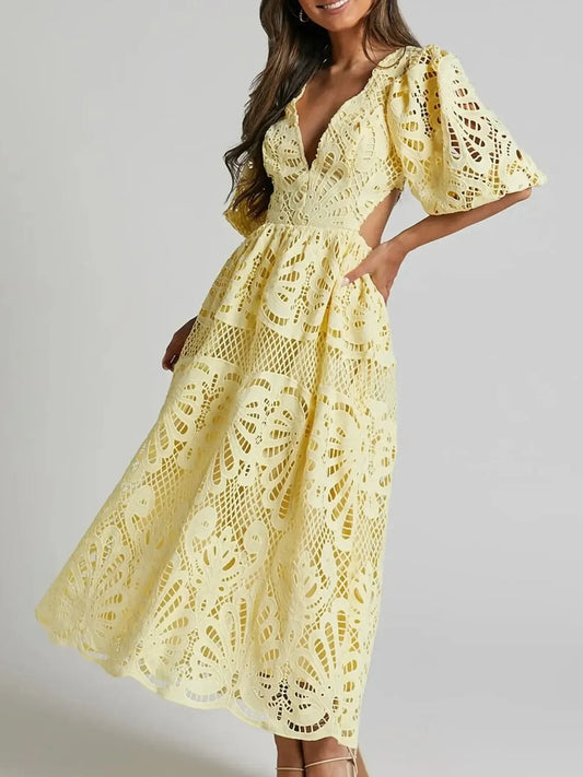 Image of Cutout Back Lace Crochet V-Neck Dress | Queeble.shop