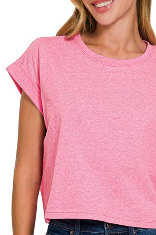 Image of Zenana Rolled Sleeve Crop T-Shirt | Queeble.shop