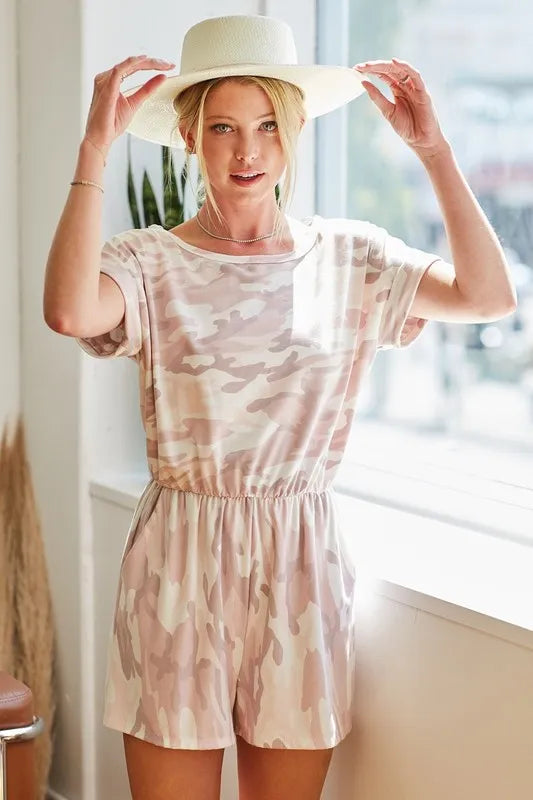 Image of BiBi Camo Print French Terry Romper with Side Pockets | Queeble.shop