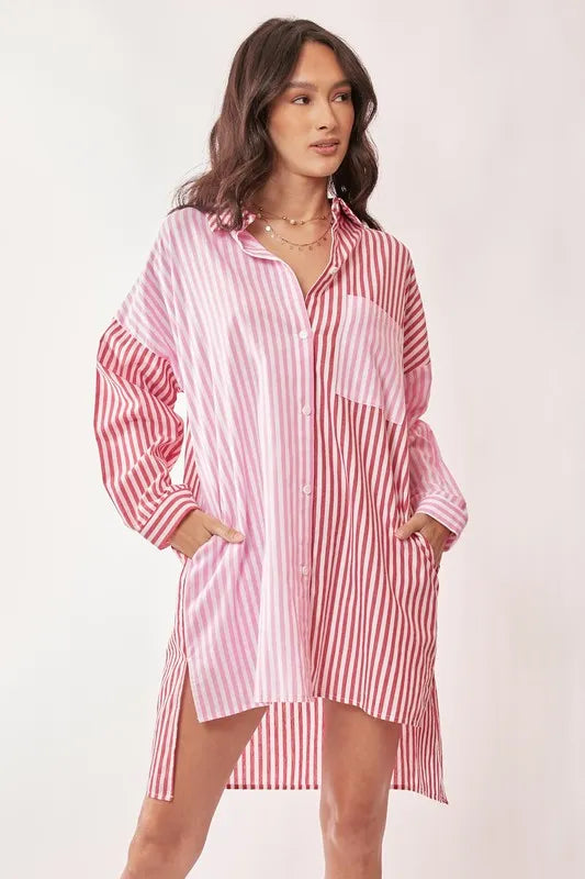 Image of Davi & Dani Multi Color Stripe Mixed Button Front Tunic Shirt Dress | Queeble.shop