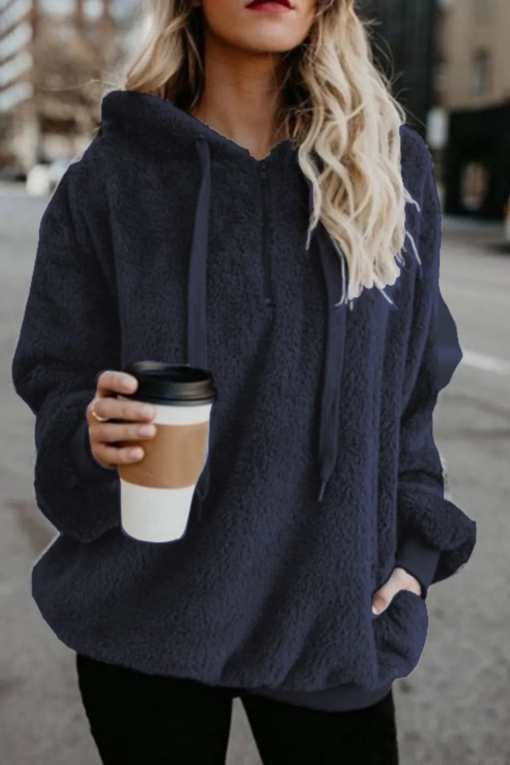 Image of Full Size Quarter-Zip Drawstring Teddy Hoodie | Queeble.shop