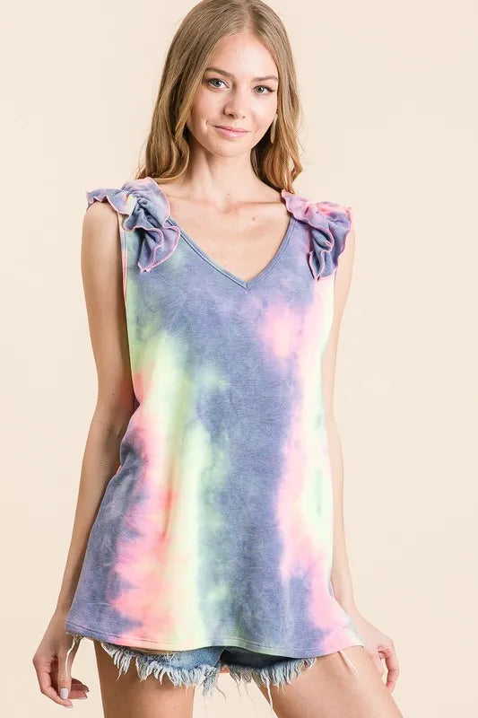 Image of BiBi Tie Dye French Terry V Neck Top with Ruffle | Queeble.shop