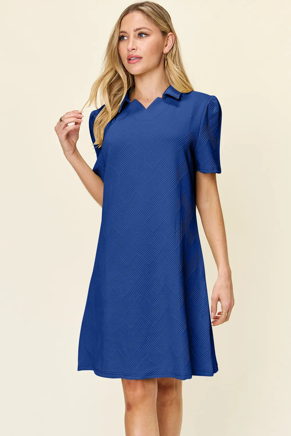Image of Double Take Full Size Texture Collared Neck Short Sleeve Dress | Queeble.shop