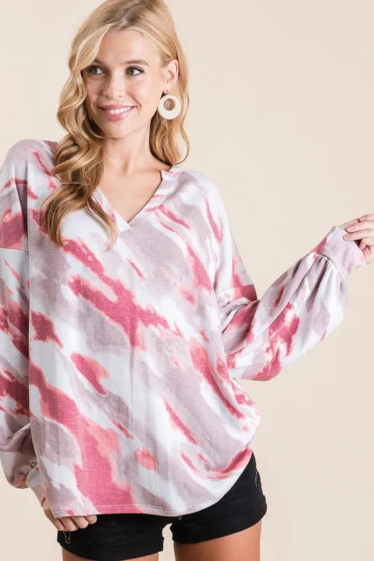 Image of BiBi Tie Dye French Terry Top with Balloon Sleeves | Queeble.shop