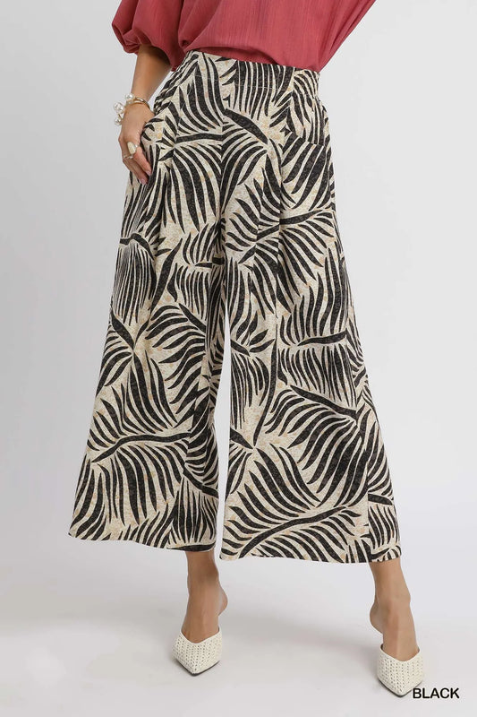 Image of Umgee Palm Leaf Print Wide Leg Culotte Pants | Queeble.shop