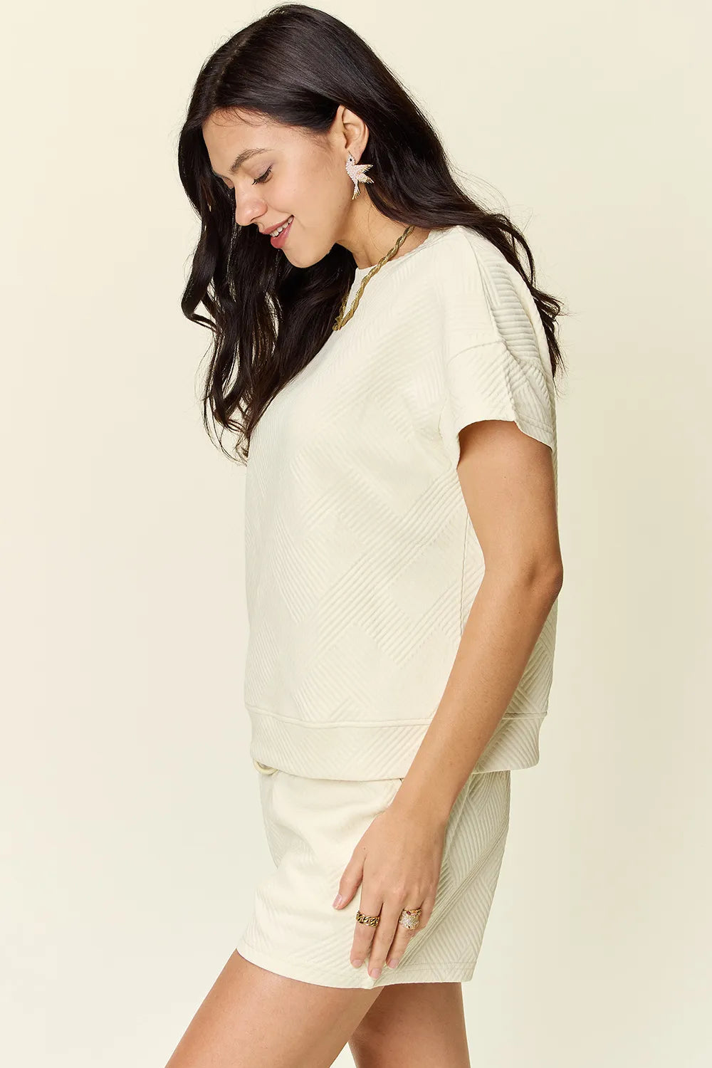Image of Double Take Full Size Texture Short Sleeve T-Shirt and Drawstring Shorts Set | Queeble.shop