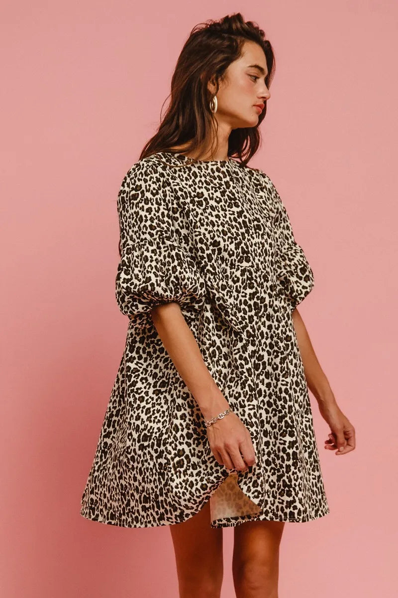 Image of BiBi Leopard Denim Dress With Back Contrast Tie Detail | Queeble.shop