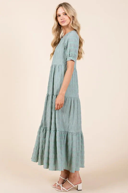 Image of BOMBOM Textured Short Sleeve Tiered Dress | Queeble.shop