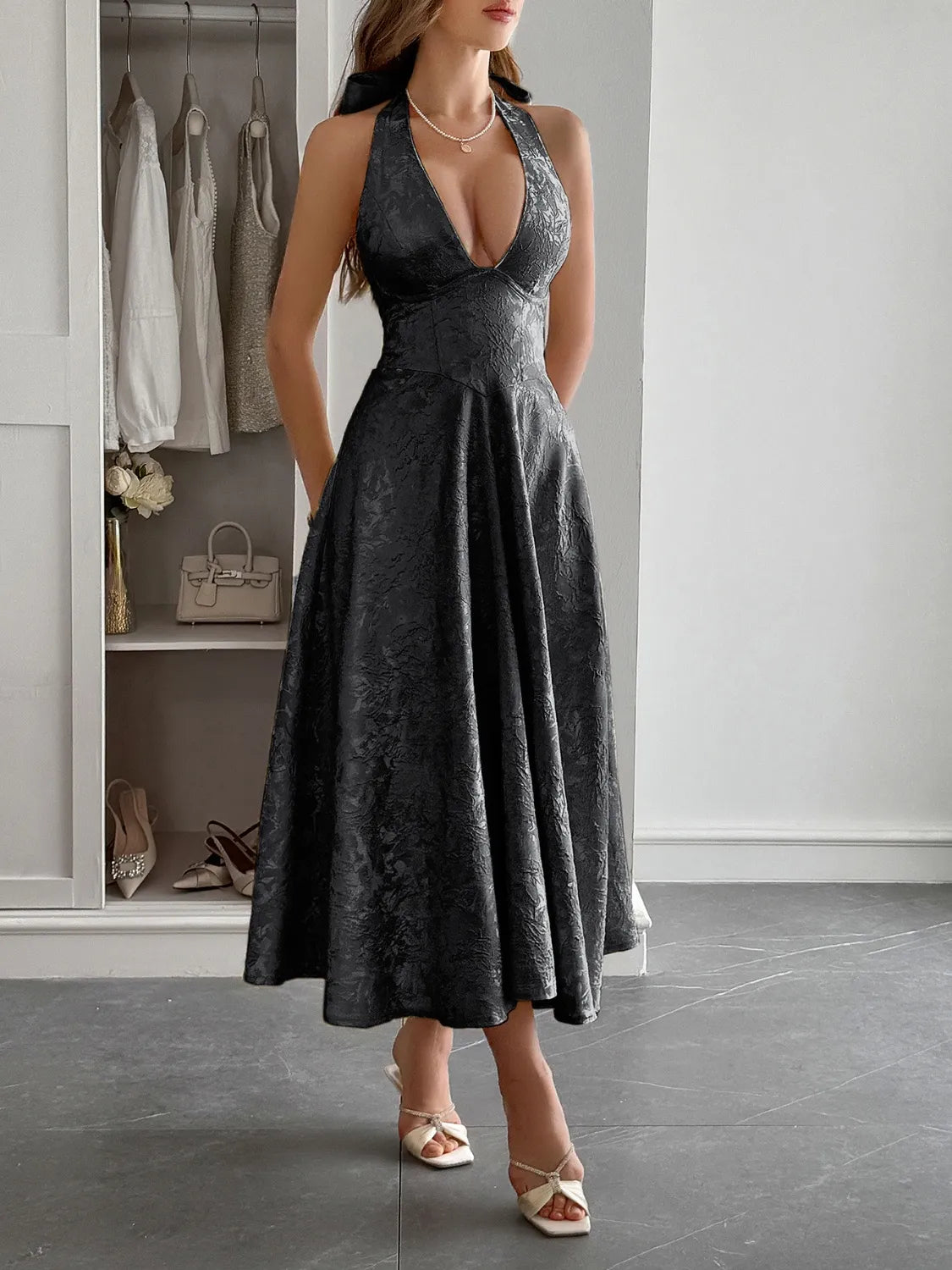 Image of Halter Neck Midi Dress with Pockets | Queeble.shop
