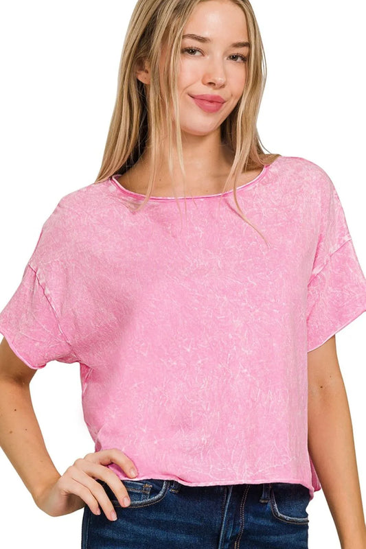 Image of Zenana Washed Crew Neck Short Sleeve Crop Box Tee | Queeble.shop