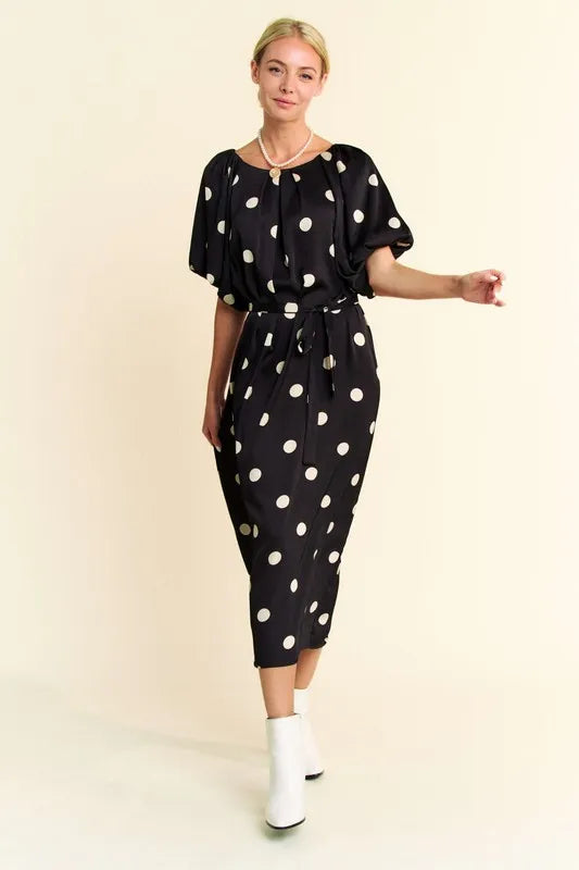 Image of Davi & Dani Polka Dot Puff Sleeves Waist Tie Midi Dress | Queeble.shop
