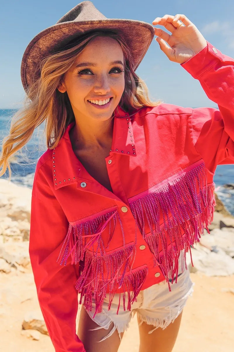 Image of BiBi Rhinestone Fringe with Studed Collar Jacket | Queeble.shop