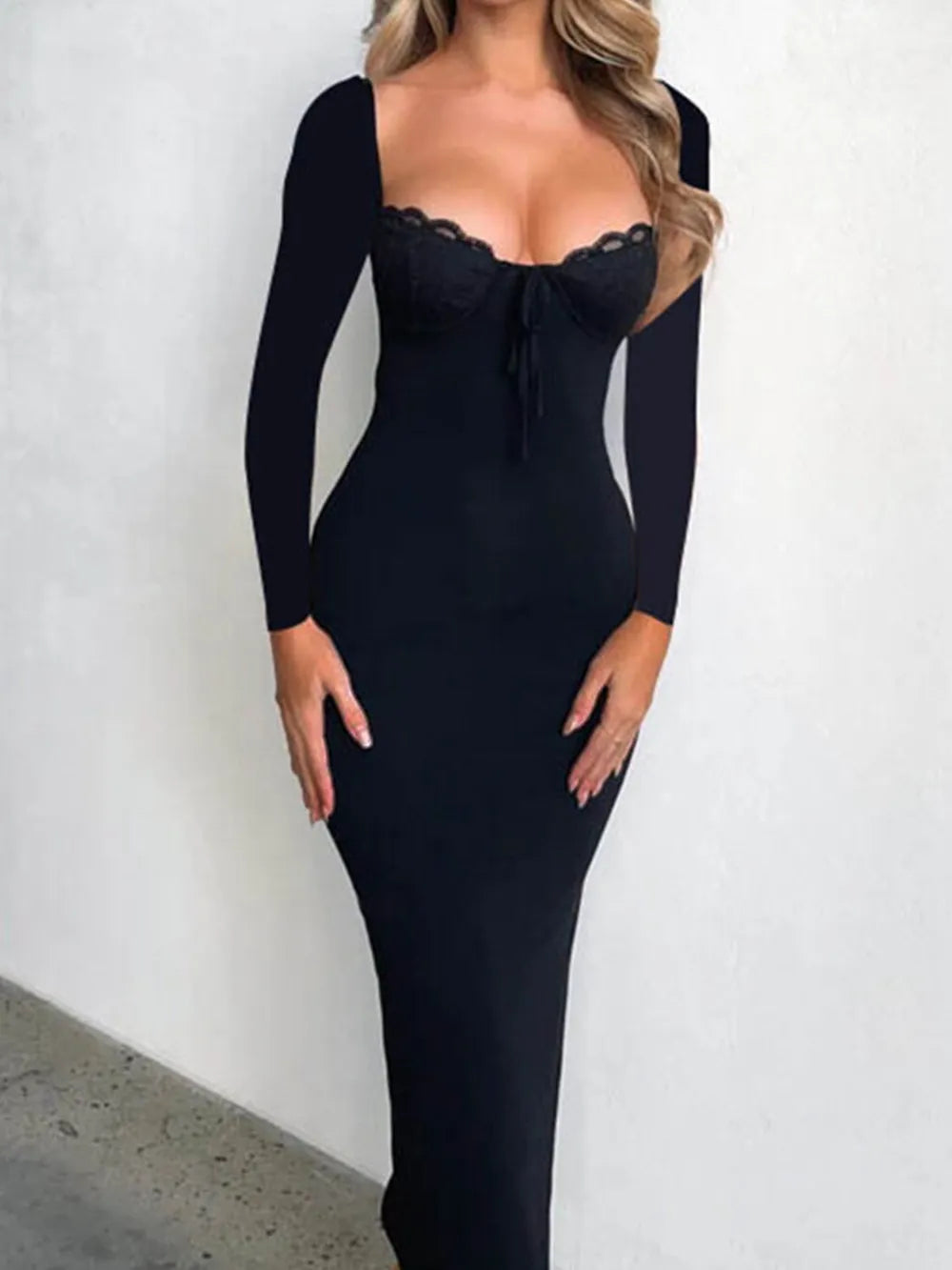 Image of Devine Slit Lace Detail Sweetheart Neck Long Sleeve Maxi Dress | Queeble.shop