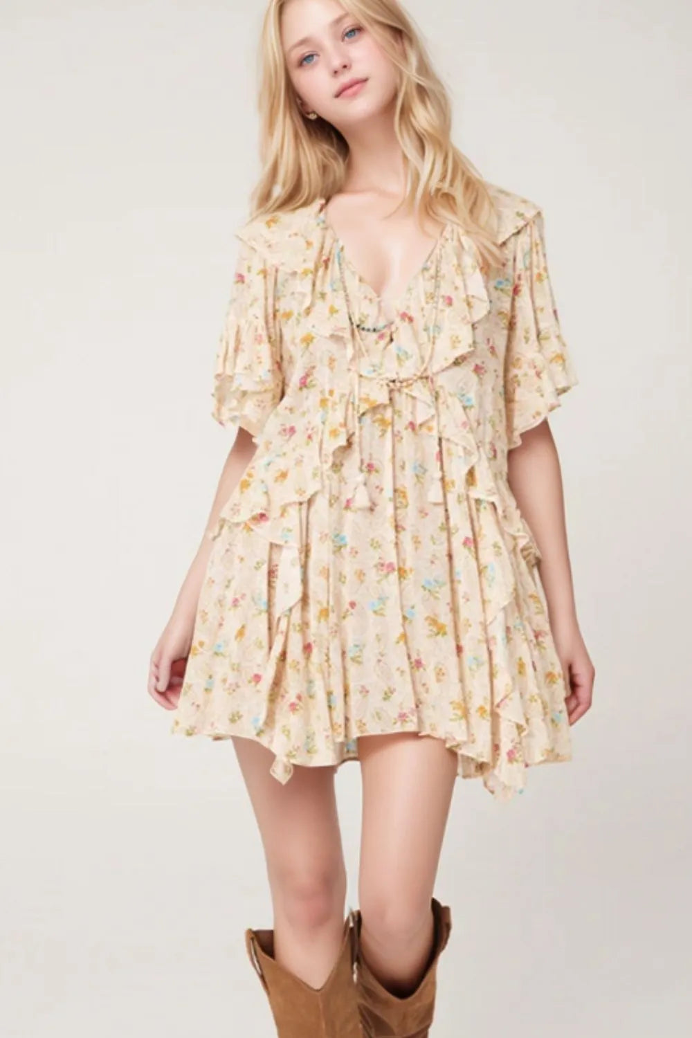 Image of Boho Floral Tassel Tie V Neck Ruffle Wide Sleeve Mini Dress | Queeble.shop