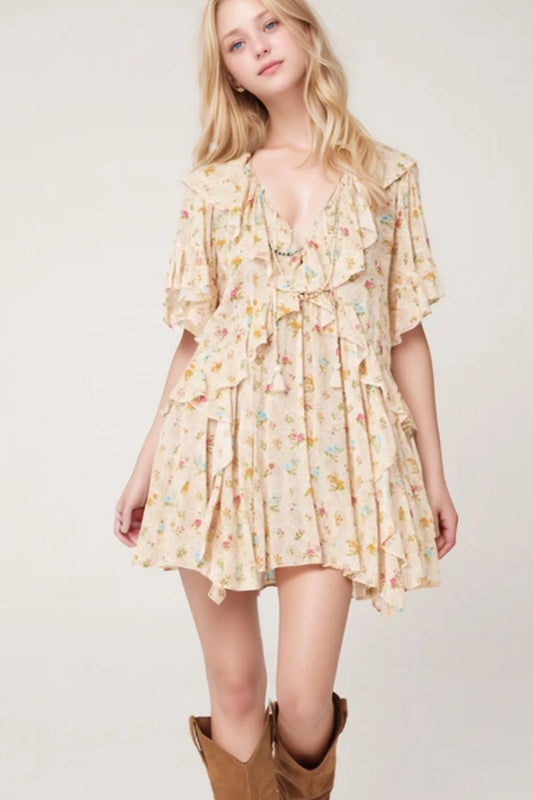 Image of Boho Floral Tassel Tie V Neck Ruffle Wide Sleeve Mini Dress | Queeble.shop