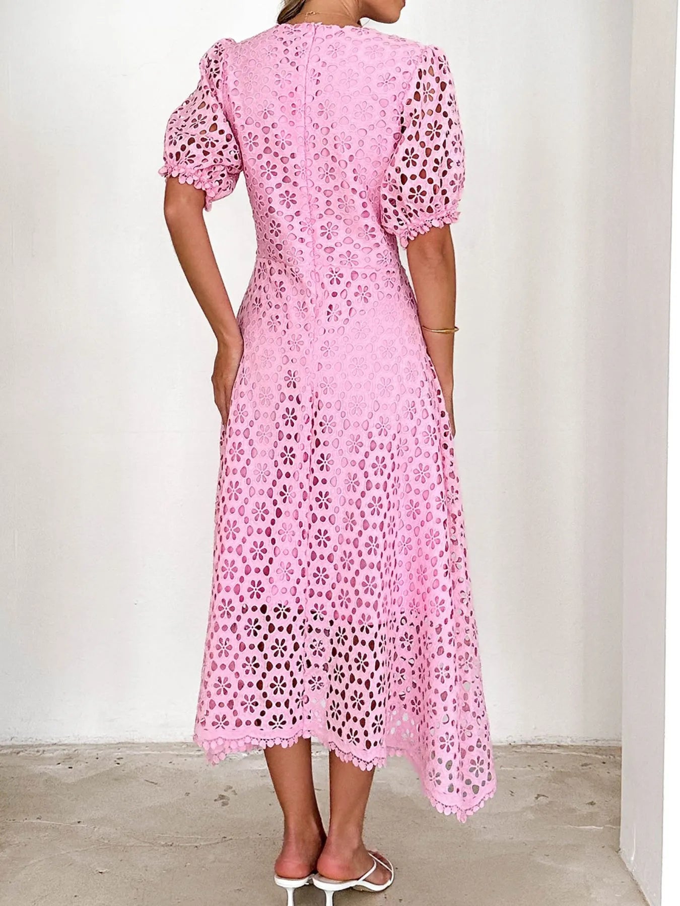 Image of Eyelet Lace V-Neck Midi Dress with Puff Sleeves | Queeble.shop