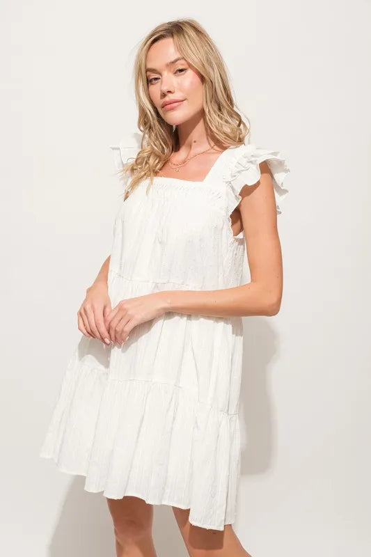 Image of And The Why Origami Pleating Ruffled Sleeve Tiered Dress | Queeble.shop