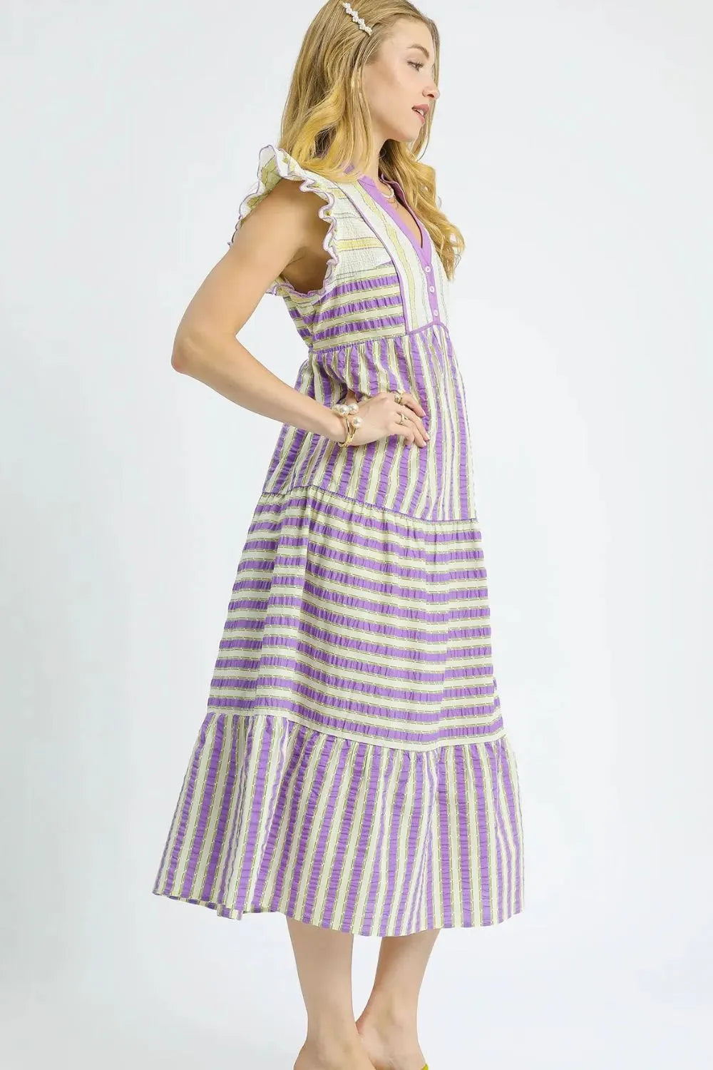 Image of Umgee Striped Ruffle Cap Sleeve Midi Dress | Queeble.shop