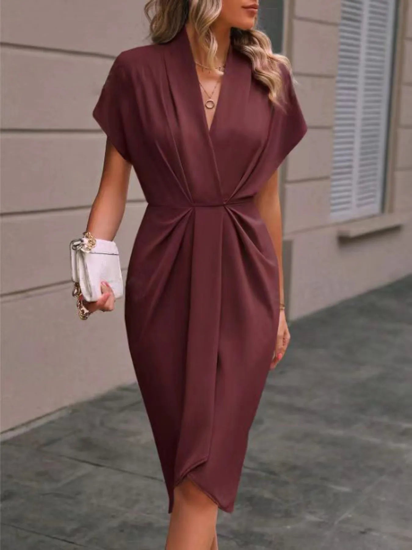 Image of Ruched Surplice Short Sleeve Dress | Queeble.shop