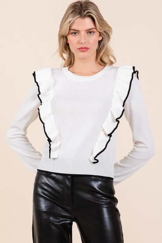 Image of Mittoshop Contrast Trim Ruffled Round Neck Knit Top | Queeble.shop