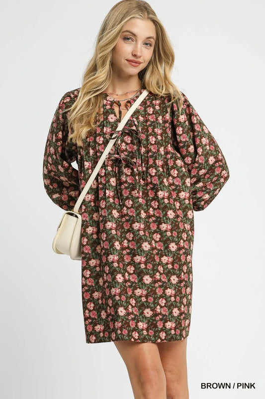 Image of Umgee Floral Tie-Neck Babydoll Dress | Queeble.shop