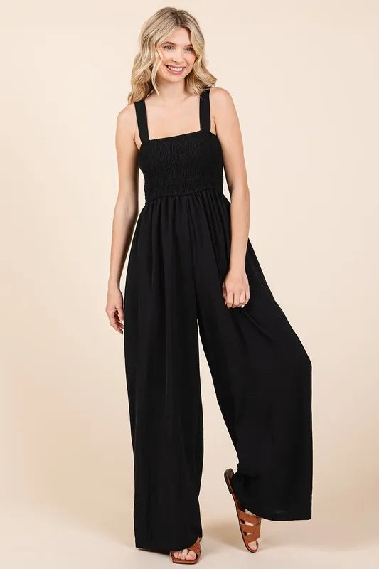 Image of Mittoshop Smocked Wide Strap Wide Leg Overalls | Queeble.shop