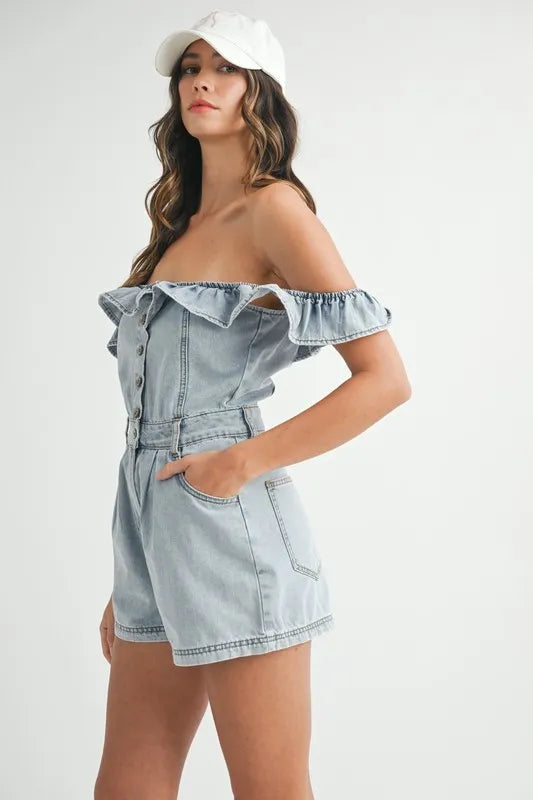 Image of MABLE Off Shoulder Ruffle Detail Denim Romper | Queeble.shop