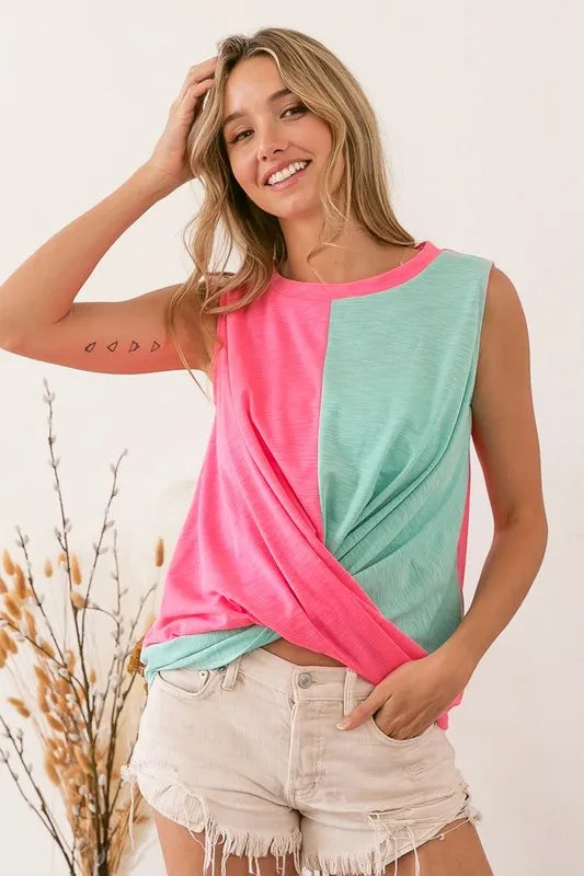 Image of BiBi Slub Terry Color Block Twisted Top | Queeble.shop