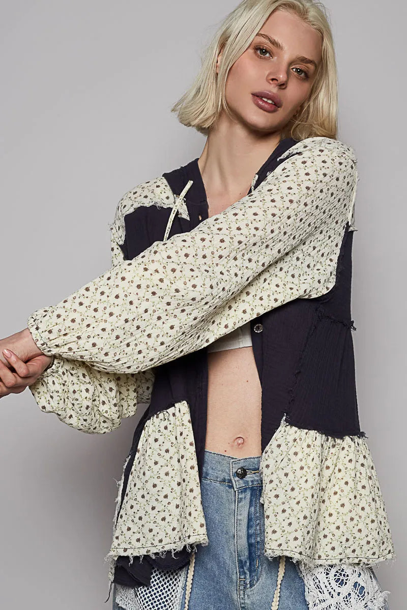 Image of POL Color Block Printed Frayed Hem Hooded Shacket | Queeble.shop
