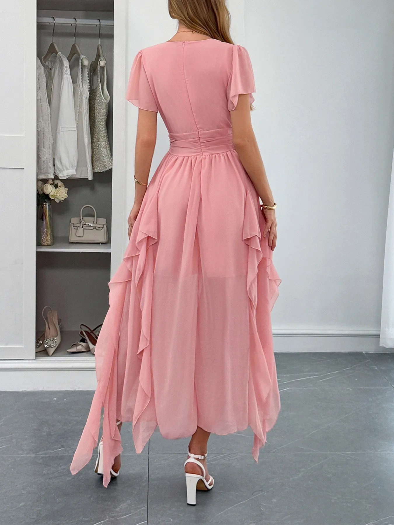 Image of V-Neck Flutter Sleeve Dress | Queeble.shop