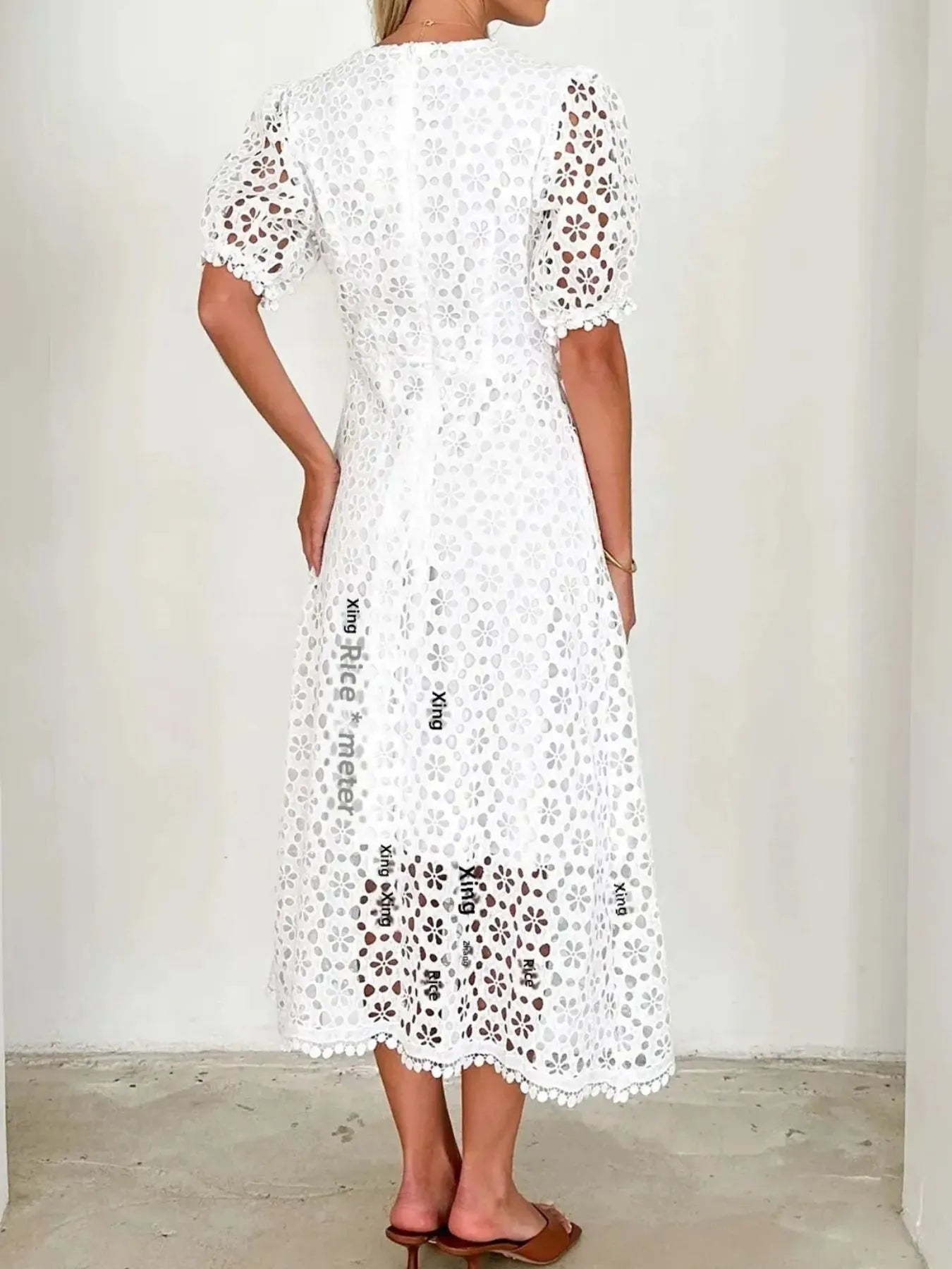 Image of Eyelet Lace V-Neck Midi Dress with Puff Sleeves | Queeble.shop