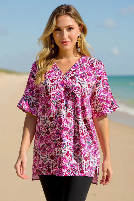 Image of Double Take Full Size Printed V-Neck Short Sleeve Blouse | Queeble.shop