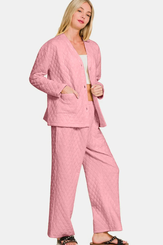 Image of Zenana Quilted Button Up Long Sleeve Top and Pants Lounge Set | Queeble.shop