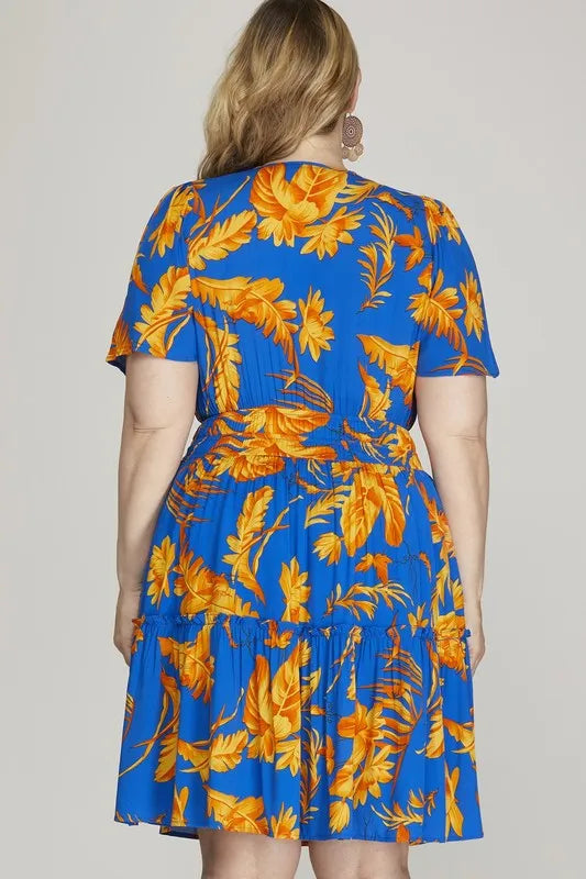 Image of She + Sky Full Size Printed Notched Short Sleeve Frill Tiered Dress Plus Size | Queeble.shop