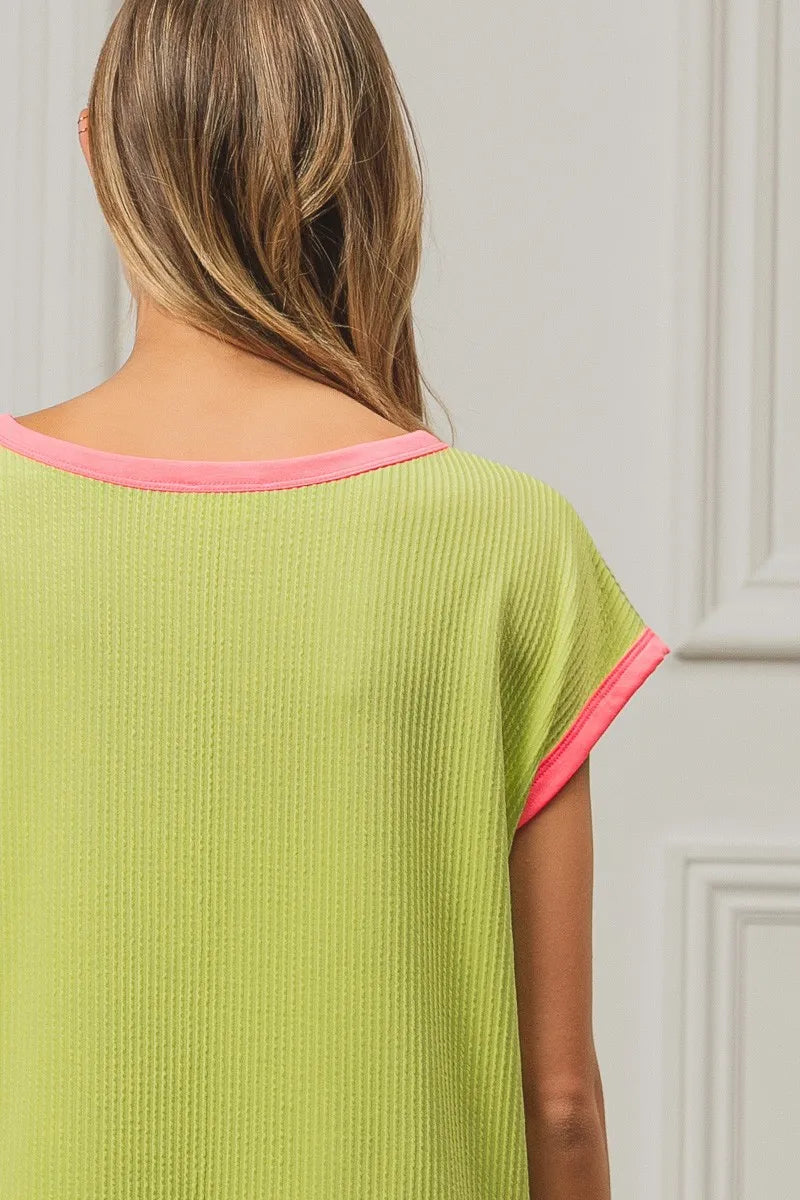 Image of BiBi Cord Rib Knit Contrast Banded Top | Queeble.shop